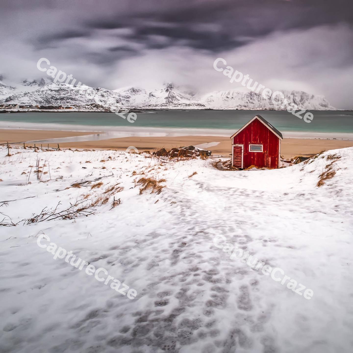 Red cabin with snow